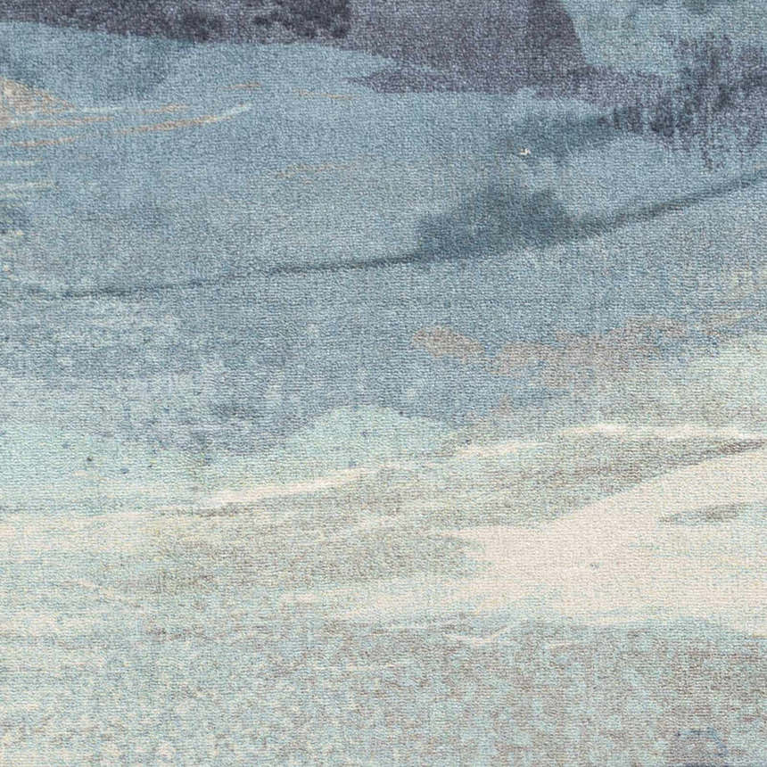 Close-up of the Alvaton Abstract Blue Rug. Features a blend of blue, denim, gray, and light beige hues. Swatch