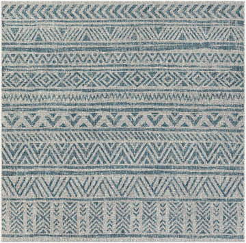 Close-up of Novato Aqua rug showcasing its geometric, all-over pattern in aqua, taupe, black, and white hues. Design-Square-67