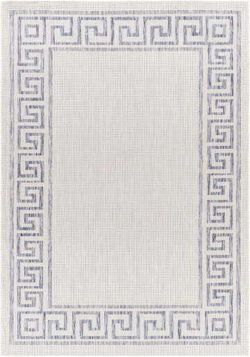 Close-up of Alen Cream & Blue Indoor/Outdoor Rug. Features a Greek key border design and woven texture. Design-Rectangle-537