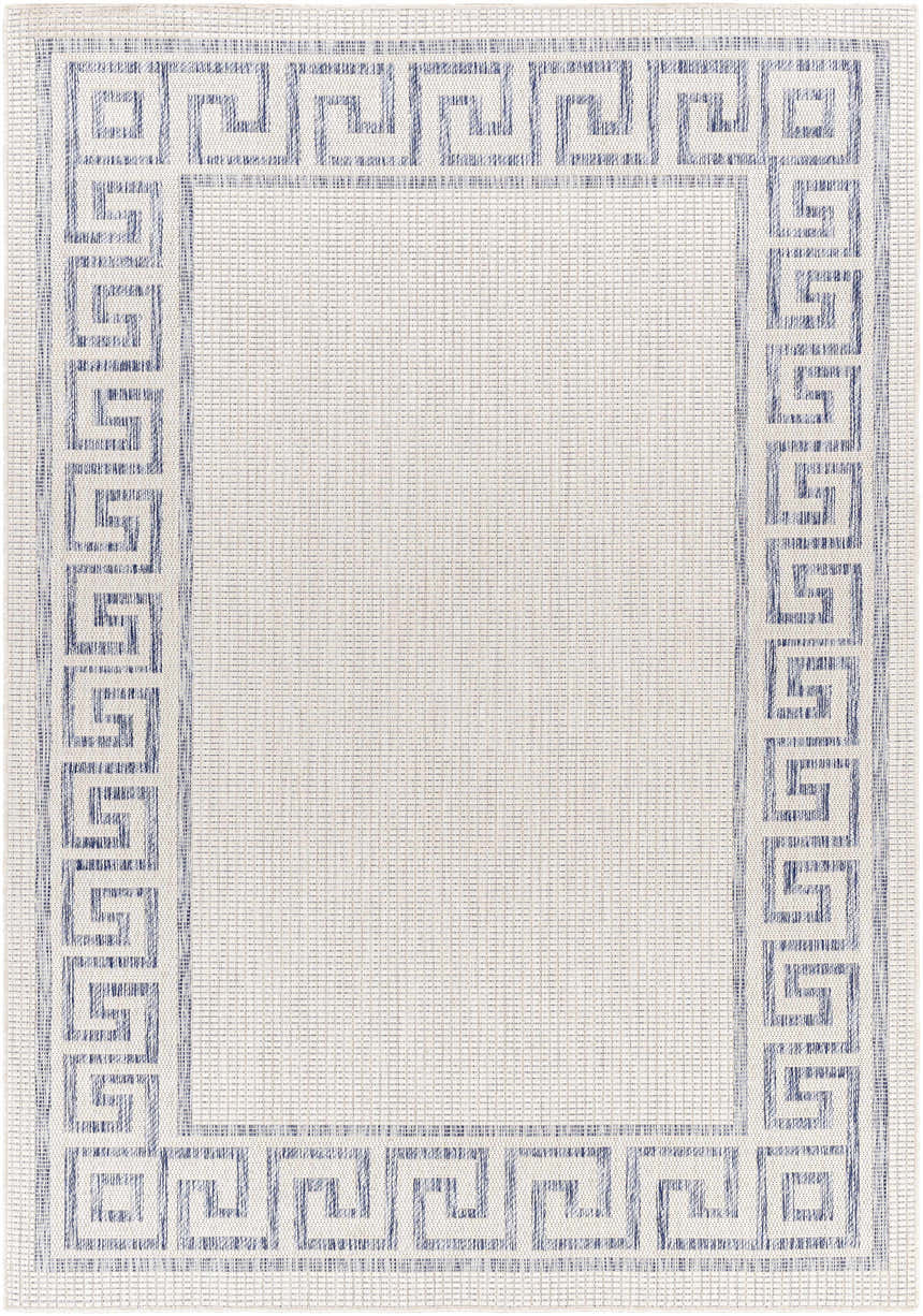 Close-up of Alen Cream & Blue Indoor/Outdoor Rug. Features a Greek key border design and woven texture. Design-Rectangle-537