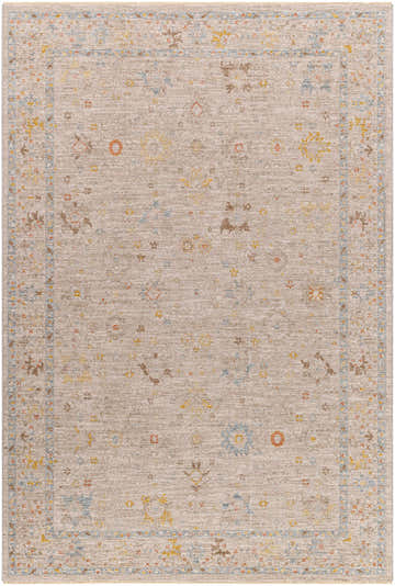 Close-up of the Amina Oushak Thick Luxe Area Rug. Features amber, brown, pink, olive, gray, mustard, and taupe tones. Design-Rectangle-575