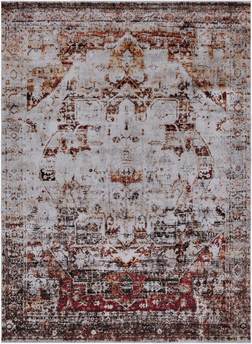 Close-up of the Analisa Area Carpet, a machine-woven rug with a vintage, oriental design in black, burgundy, gray, and ivory. Design-Rectangle-93126