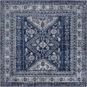 Detailed square Andes Blue Area Rug with a traditional, vintage-inspired design in blue, light gray, navy, and white. Design-Square-7