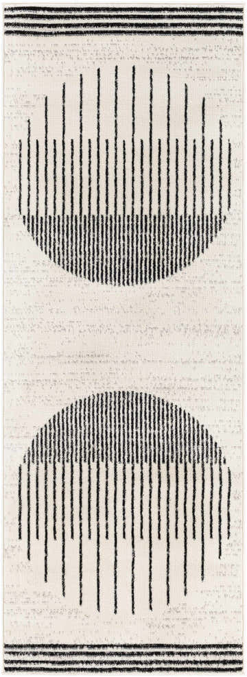 Close-up of the Angus Black&White Geometric Area Rug, featuring a modern black striped semi-circle design on an off-white background. Design-Runner-2710