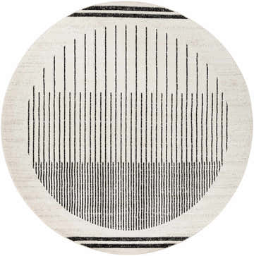 Close-up of the round Angus Black&White Geometric Area Rug. Features black vertical stripes on an off-white background. Design-Round-710