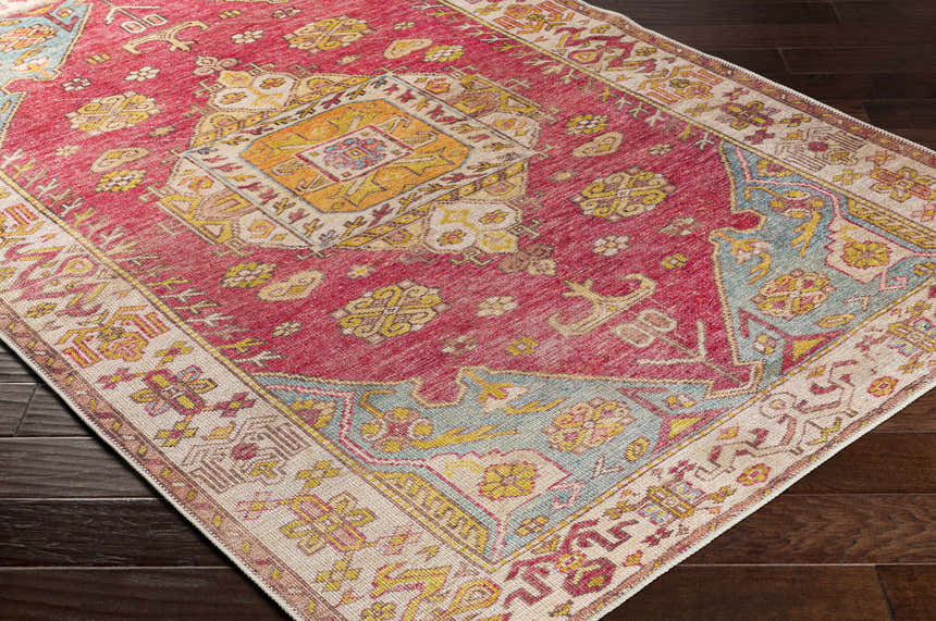 Close-up of the Anopog Washable Area Rug. Farmhouse style rug with red, gold, and blue traditional pattern on dark wood floor. Corner