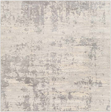 Close-up of the Apison Area Rug. Contemporary design in gray, ivory, and silver gray with a distressed abstract pattern. Design-Square-67