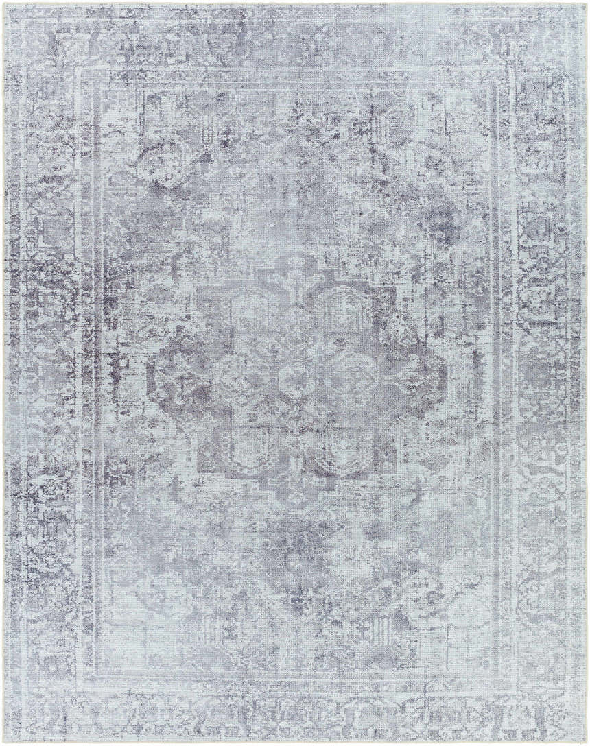 Close-up of the Aquino Washable Area Rug in charcoal, gray, and light gray with traditional oriental pattern. Design-Rectangle-710102