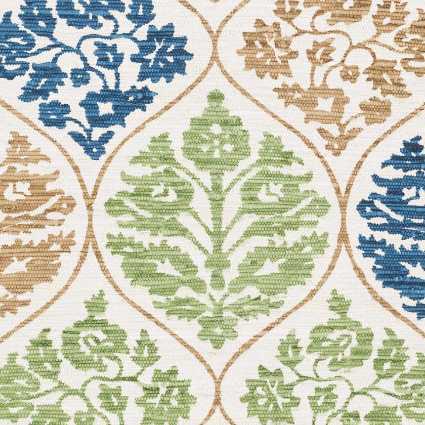 Close-up of Arecibo Clearance Rug showing blue, green, and tan floral design on a white cotton, hand woven background. Swatch