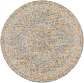 Round Arjun Thick Luxe Area Rug in amber, taupe, and light blue with a traditional medallion design. Design-Round-53