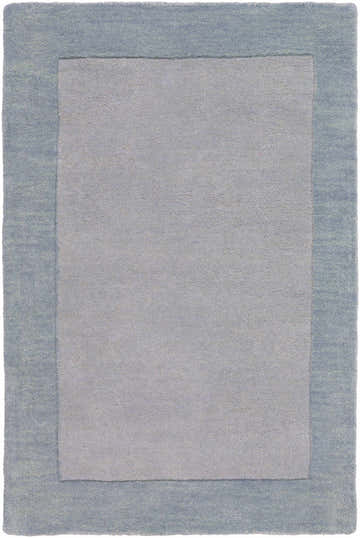 Close-up of the hand-loomed Arkabutla Solid Blue Bordered Wool Rug, featuring ice blue and medium gray colors. Design-Rectangle-23
