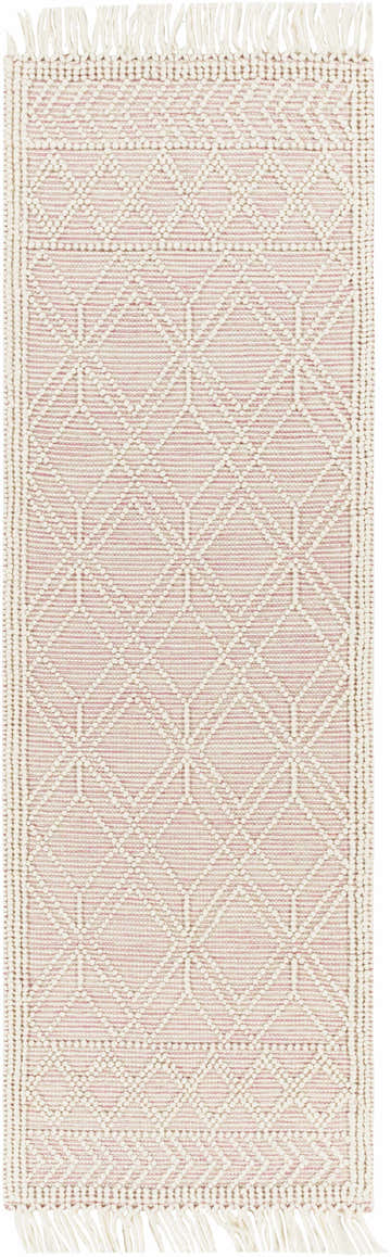 Close-up of a Ramsbury Soft Pink Wool Rug with geometric diamond pattern and fringe. Ivory and pink farmhouse style. Design-Runner-268