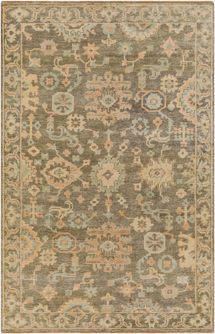 Detailed view of the Asotin Hand Knotted Wool Area Rug, featuring burnt orange, charcoal, mustard, olive, and seafoam tones. Design-Rectangle-5686