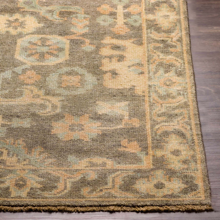 Close up of the hand knotted Asotin Wool Area Rug with burnt orange, charcoal, mustard, olive, and seafoam colors. Front