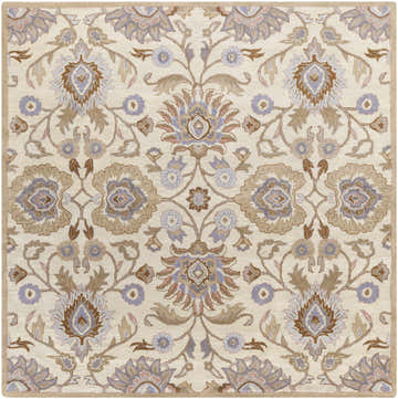 Close-up of the Conesus Hand Tufted Ivory 1109 Wool Rug. Features a floral pattern in ivory, brown, lavender, and taupe hues. Design-Square-8