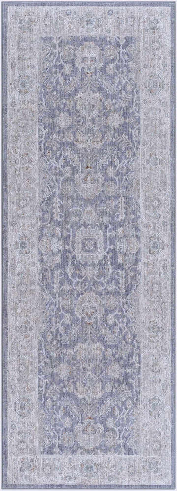 Close-up of the Karuah Thick Luxe Statement Rug, featuring a traditional Persian pattern in denim, gray and light beige tones. Design-Runner-283
