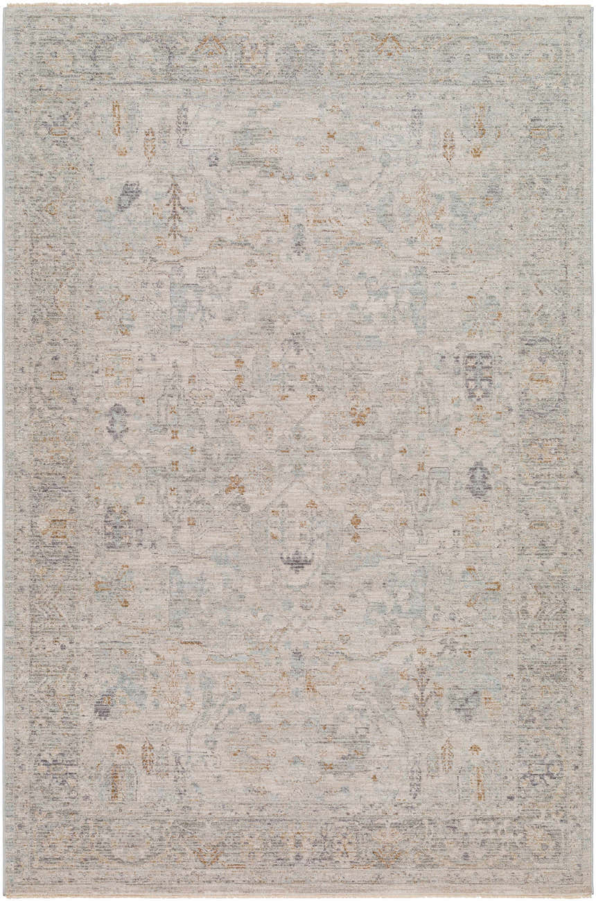 Close-up of the Ayarn Thick Luxe Statement Rug. Machine-woven polyester rug in brown, charcoal, teal, sage, and gray. Design-Rectangle-575