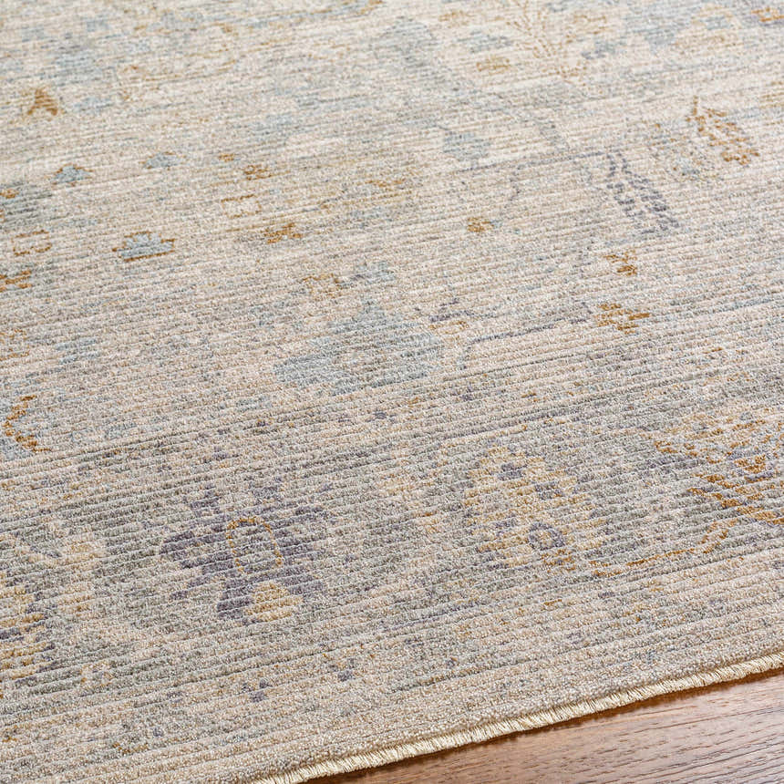 Close-up of the Ayarn Thick Luxe Statement Rug. Beige rug with brown, teal, and gray traditional pattern. Texture
