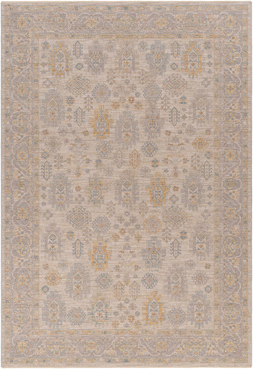 Close-up of Ayele Thick Luxe Statement Rug; farmhouse style with charcoal, mustard, and tan traditional pattern. Design-Rectangle-6796