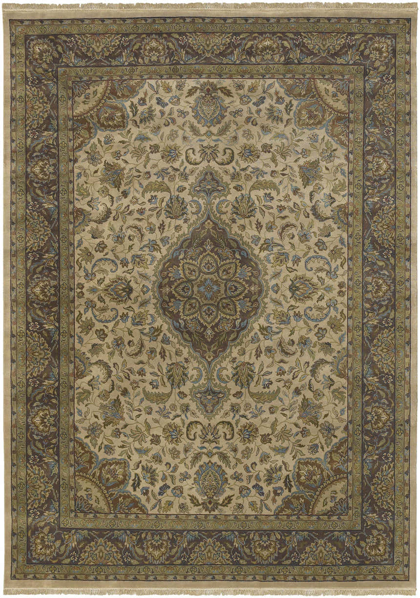 Detailed floral pattern on a beige Azalia Premium Wool 8' Round Rug with brown and blue accents. Design-Rectangle-86116