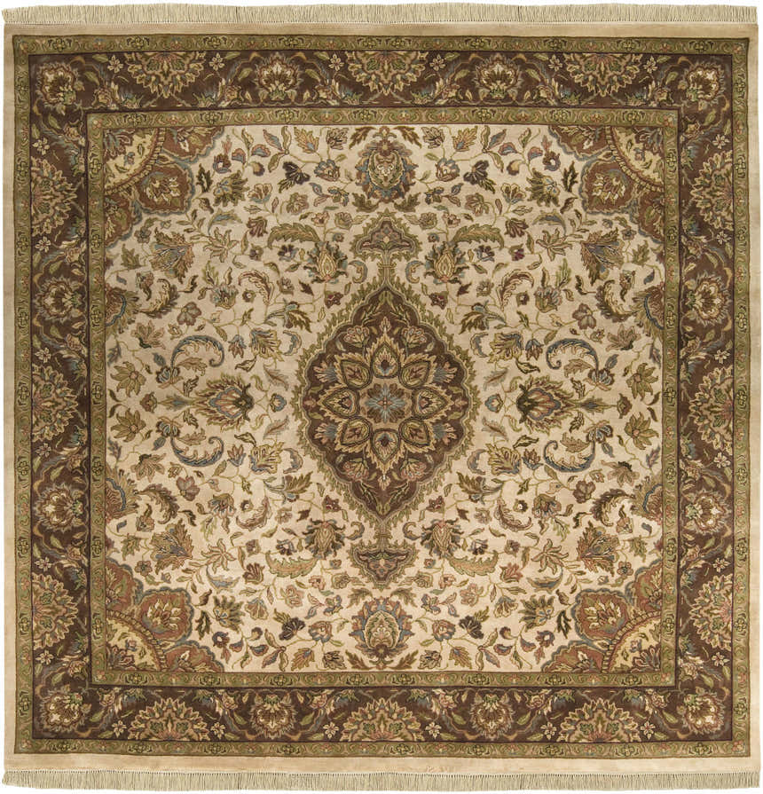 Close-up of the Azalia Premium Wool 8' Round Rug. Hand-knotted, traditional style with beige, brown, and floral patterns. Design-Square-8