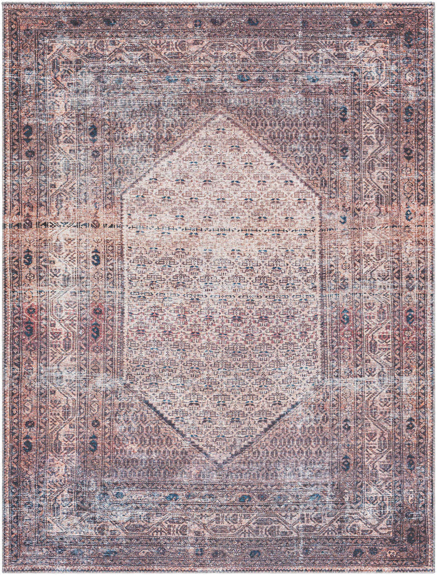 Close-up of Dusty Pink Bagacay Distressed Washable Area Rug featuring cream, pink, and blue oriental pattern. Design-Rectangle-710102