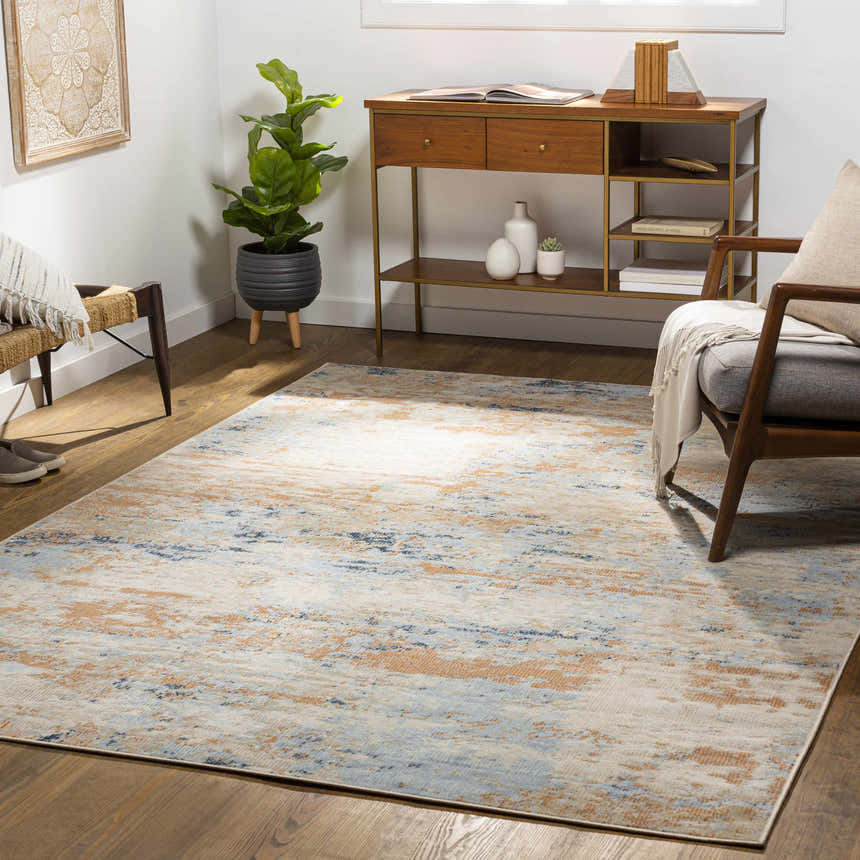 Living room scene with the Bagulin Area Rug, featuring a contemporary design in blue, beige, and white tones. Roomscene-Rectangle