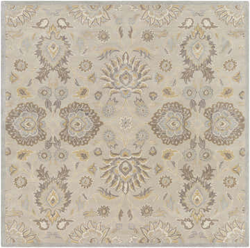 Close-up of the hand-tufted Conesus 1192 rug. Features a floral, oriental pattern in ivory, taupe, and light brown tones. Design-Square-8