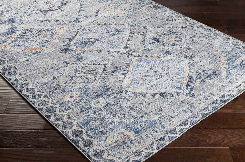 Close-up of the Balamban Area Rug. Features a blue, cream, and beige bohemian pattern on a dark wood floor. Corner