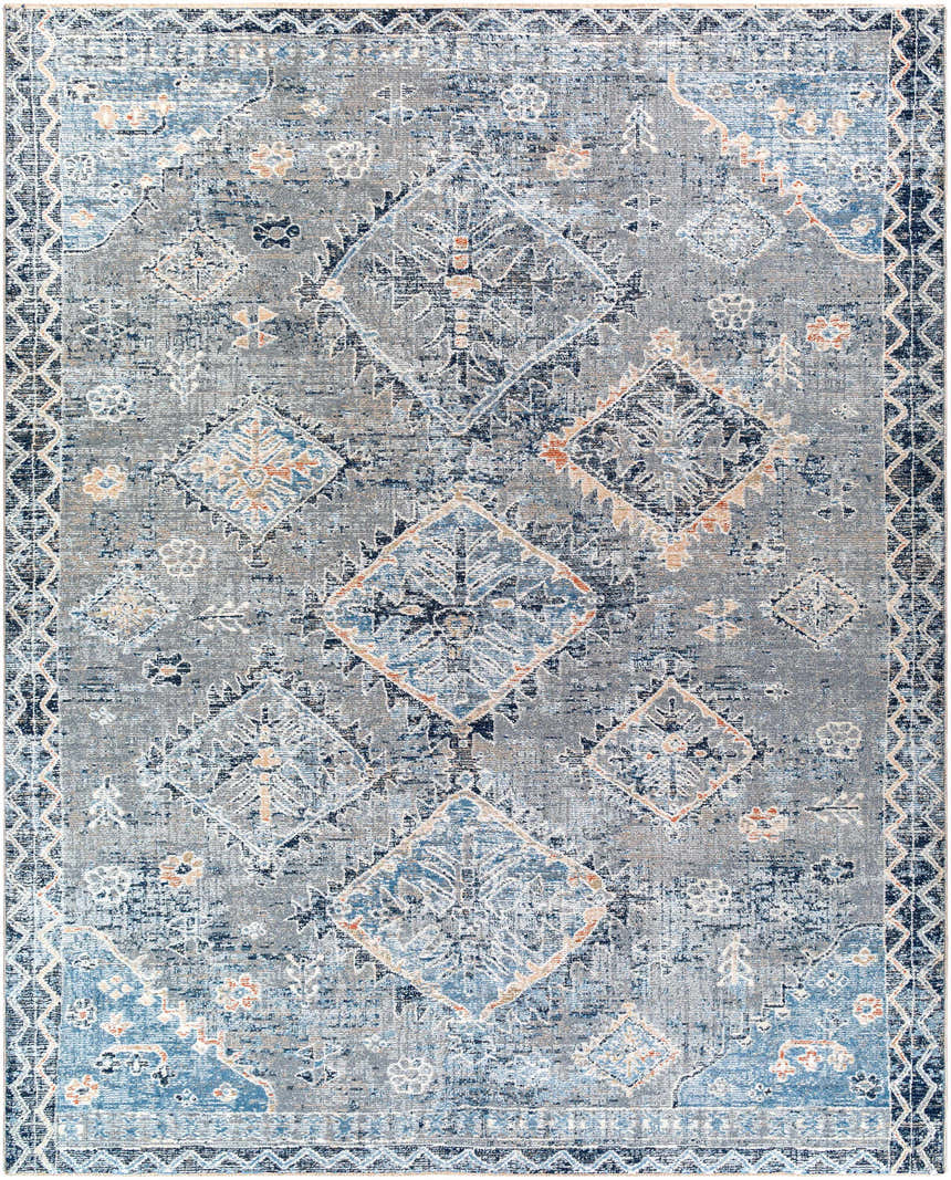 Close-up of the Balamban Area Rug. Bohemian style rug in shades of gray, denim blue, cream, and brick red. Machine woven polyester. Design-Rectangle-71010