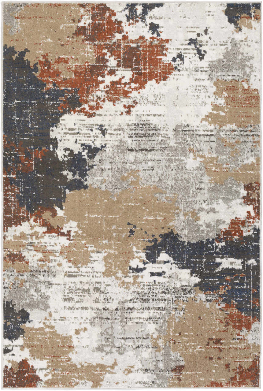 Close-up of the Balerno Area Rug, a contemporary rug in charcoal, blue, gray, mustard, terracotta, and white. Design-Rectangle-5373