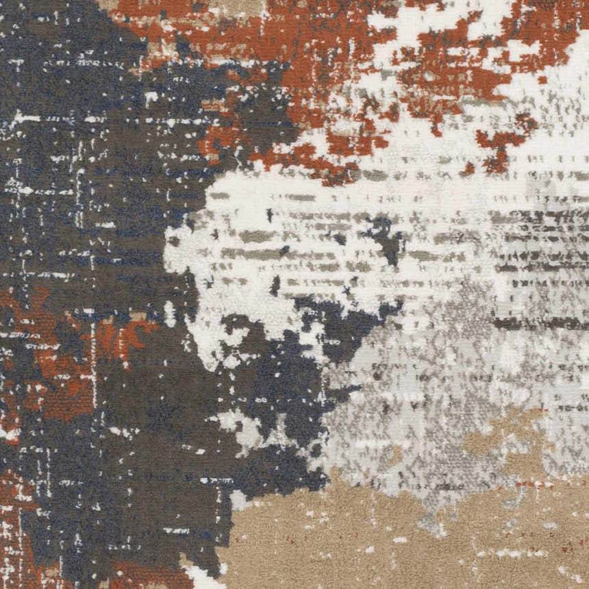 Close-up of the Balerno Area Rug. Contemporary design in charcoal, dark blue, terracotta, mustard, and gray. Machine woven texture. Swatch