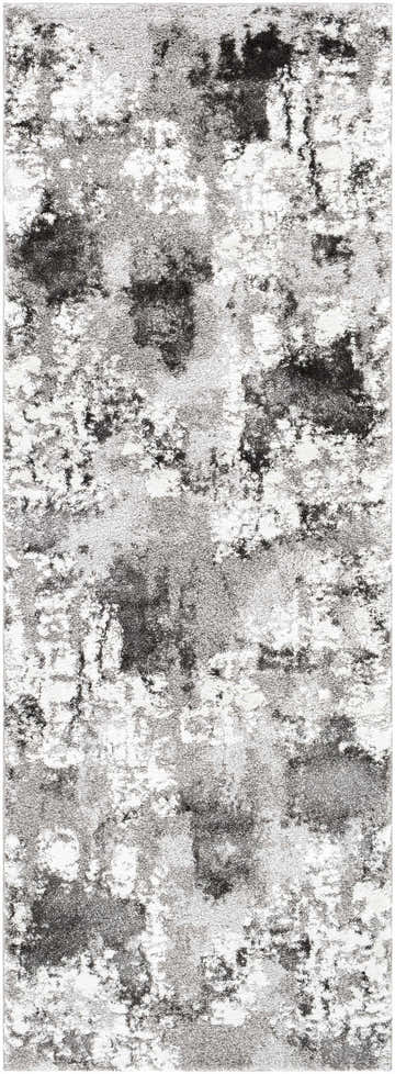 Close-up of the Balmat Area Rug. Abstract design in black, ivory, light gray, and medium gray. Machine woven texture. Design-Runner-2710