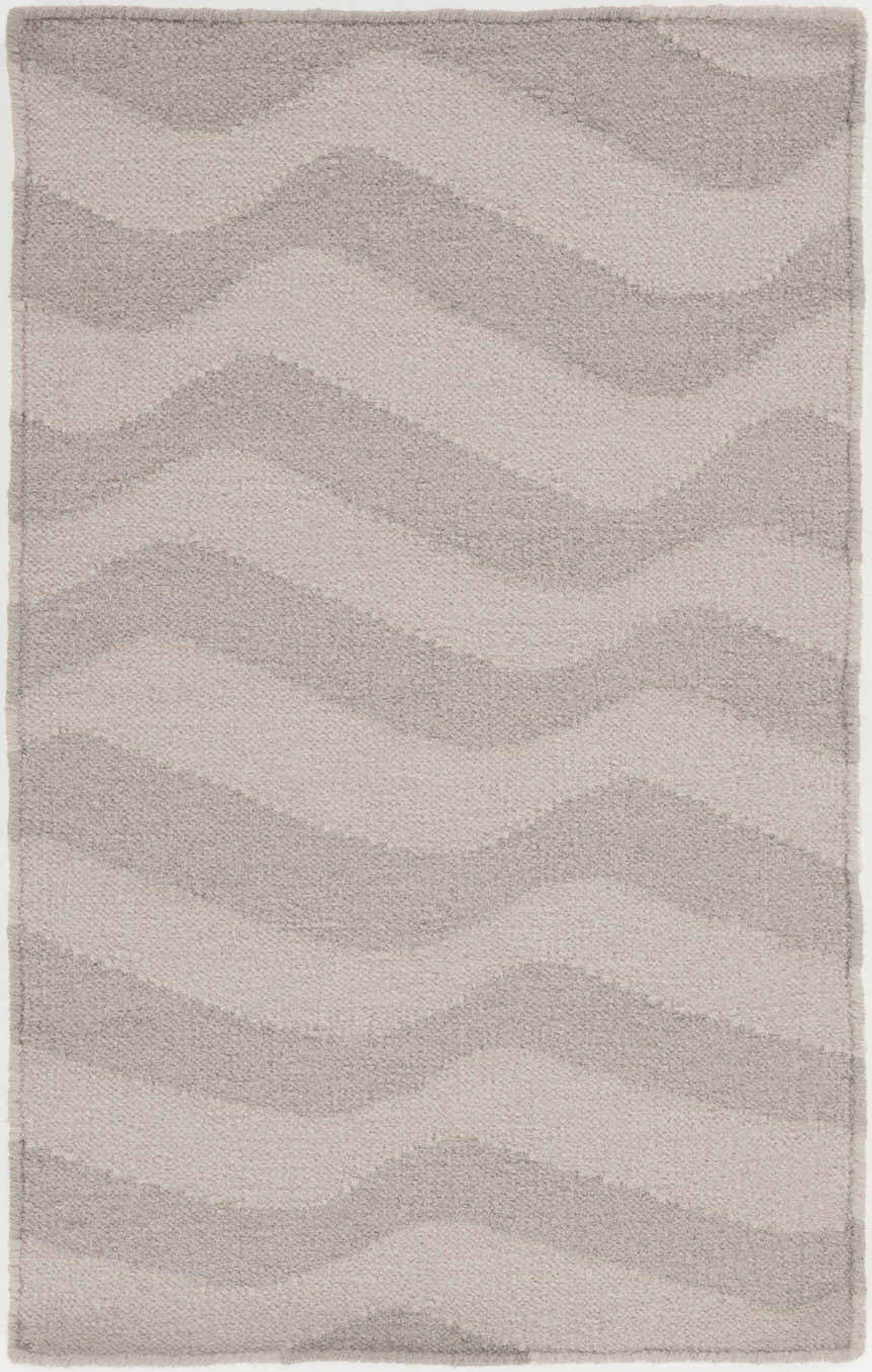 Close-up of the Balsam Area Rug, a hand-woven wool rug with a contemporary light gray and slate wavy stripe pattern. Design-Rectangle-23