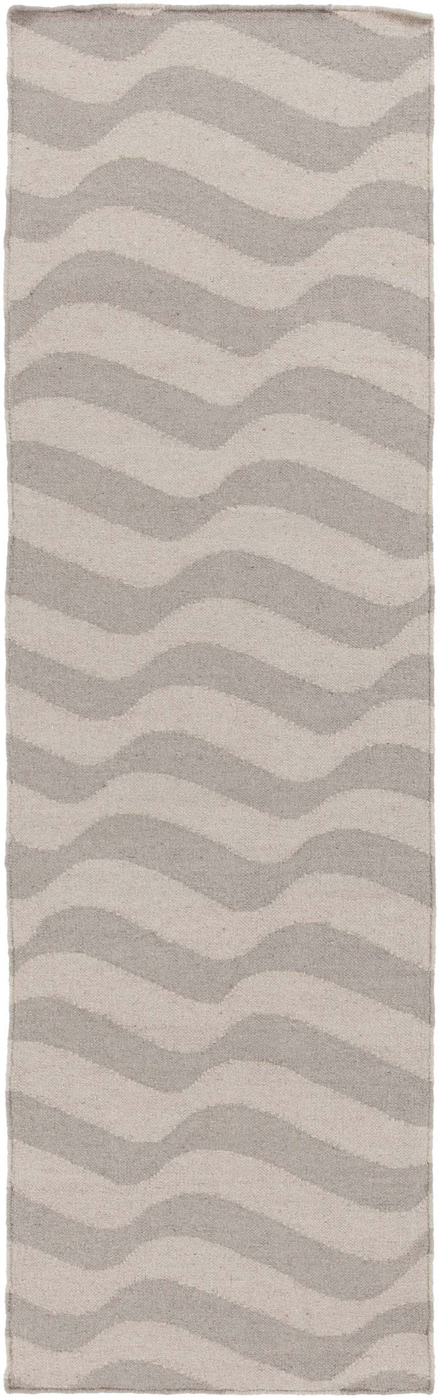 Close-up of the Balsam Area Rug, a hand-woven wool rug with a light gray and slate wavy stripe pattern. Design-Runner-268