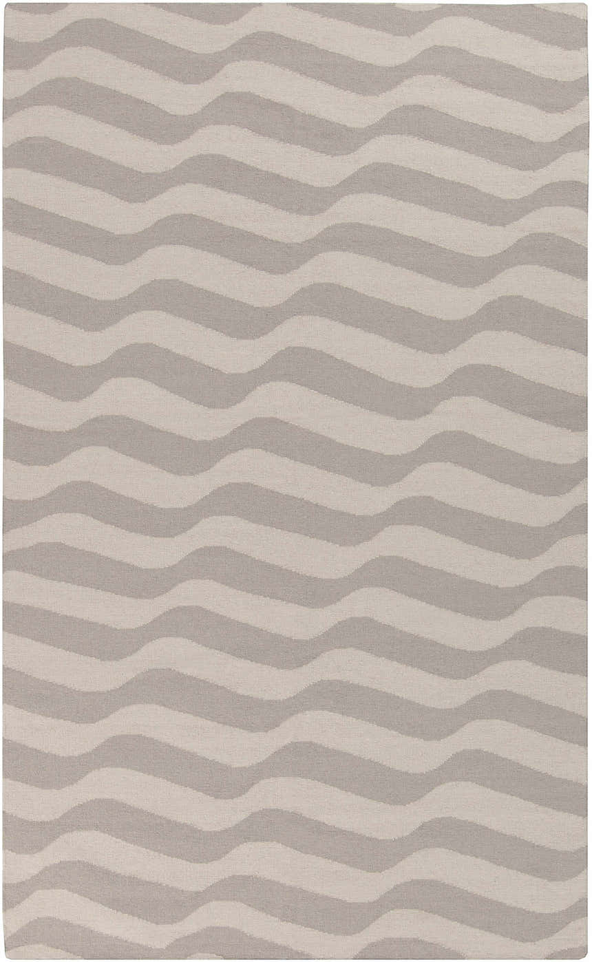 Close-up of the Balsam Area Rug, a hand-woven wool rug with a light gray and slate wavy stripe pattern. Design-Rectangle-58