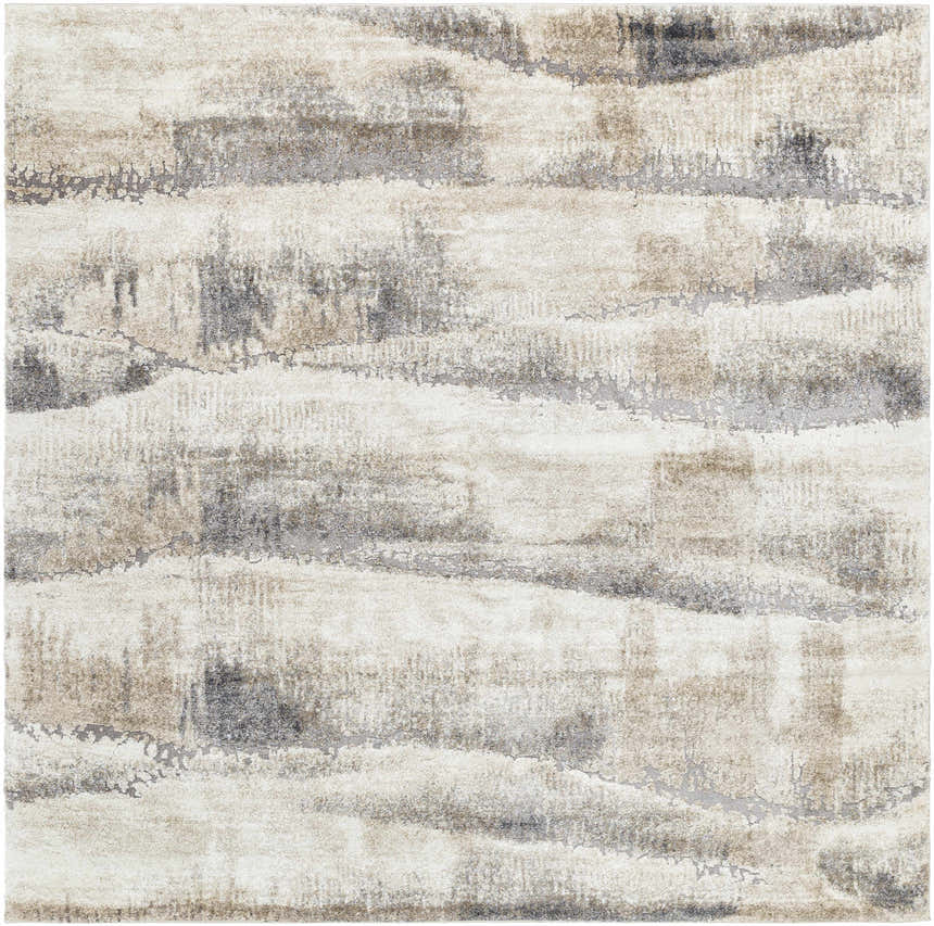 Close-up of the Banji Abstract Waves Area Rug. Beige, gray, and brown hues create a contemporary wave pattern. Design-Square-710