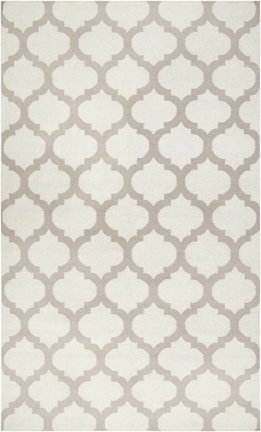 Close-up of Banks Ivory/Gray Trellis Wool Rug, featuring a repeating gray quatrefoil pattern on an ivory background. Design-Rectangle-58