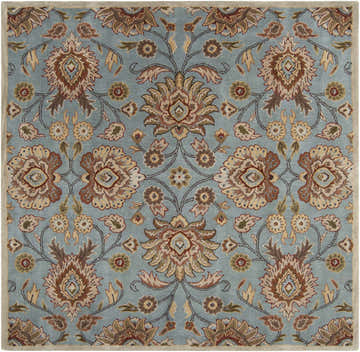 Close-up of the Conesus Hand Tufted Gray 1052 Area Rug. Features a floral design in brick red, brown, and tan on a gray background. Design-Square-8