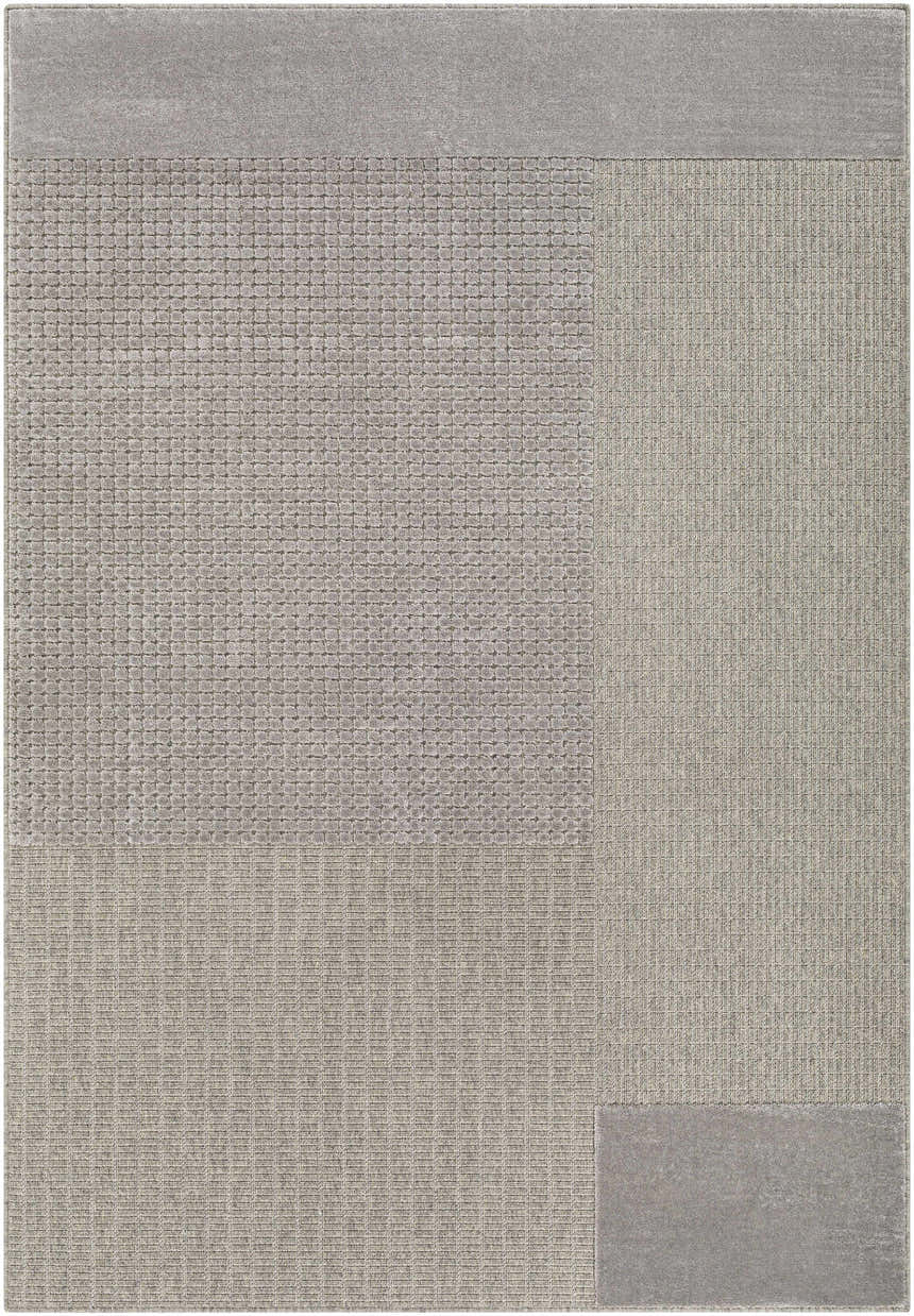 Close-up of the Bantiqui Area Rug. Viscose rug in shades of gray with a contemporary geometric pattern and varied textures. Design-Rectangle-5377