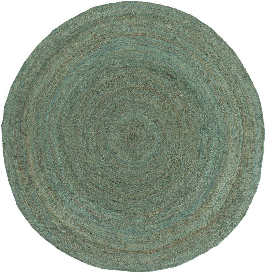 Close-up of round Barksdale Green rug. Hand-woven jute rug with charcoal and mint tones, natural fiber texture. Design-Round-5