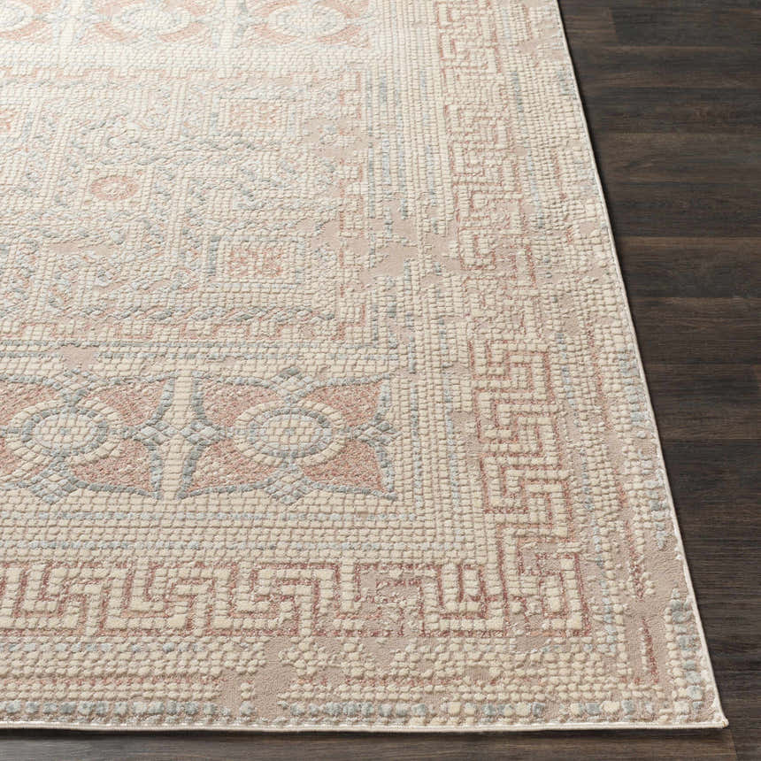 Close-up of the Terlingua Blush Greek Mosaic Carpet showing its geometric pattern, blush, tan, and slate colors. Front