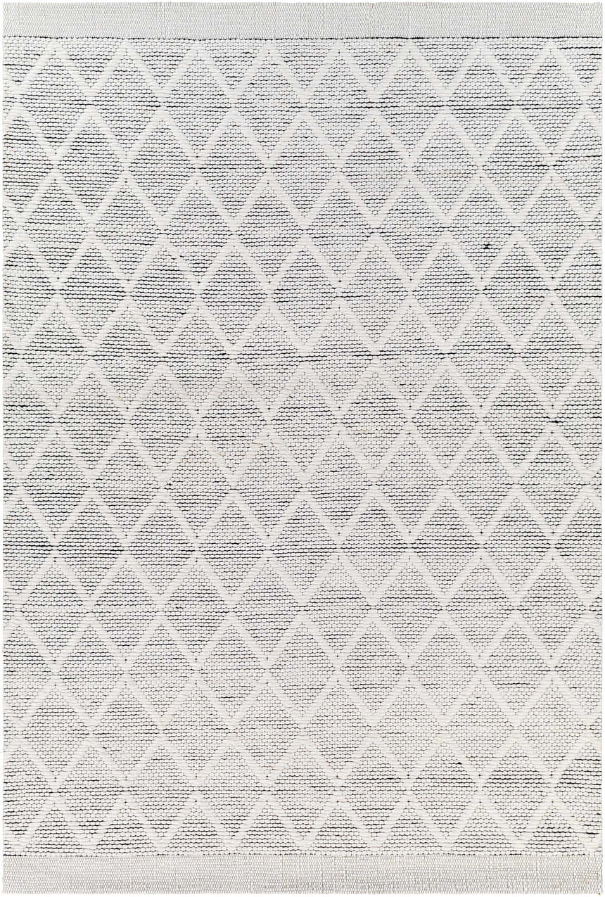 Close-up of the hand woven Bartimaeus Area Rug. Gray, nickel, and silverton diamond pattern on a textured polyester weave. Design-Rectangle-576