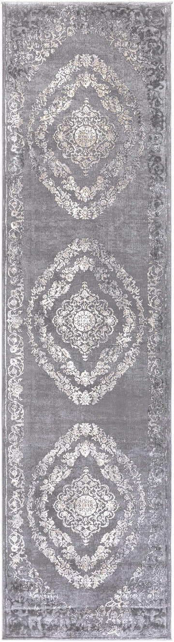 Close-up of a gray Battleview Updated Traditional Tibetan Rug with beige and charcoal floral medallion pattern. Design-Runner-2710