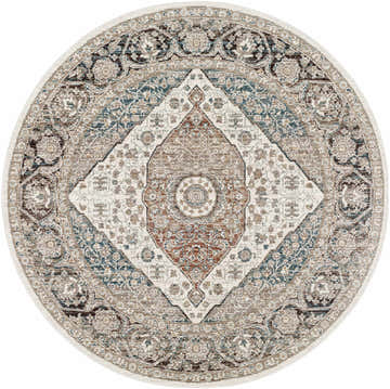 Round Baychester Area Rug - Clearance with traditional floral pattern in cream, denim, brown, and ivory. Design-Round-53