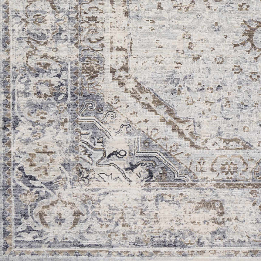 Close-up of the Beebe Luxe Area Rug showing its traditional pattern in gray, brown, ivory, and light slate hues. Swatch