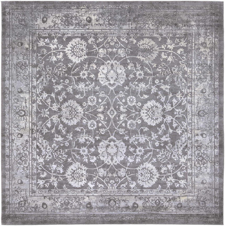 Close-up of the Benavides Gray Updated Traditional Tibetan Rug, featuring charcoal, gray, and ivory floral patterns. Design-Square-710