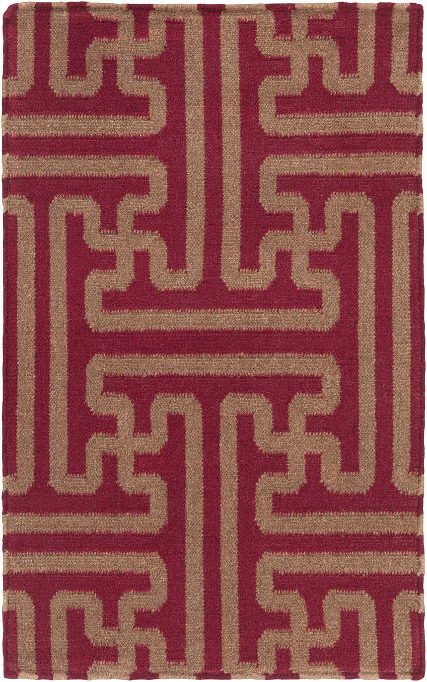 Close-up of Bentonville Area Carpet. Hand-woven wool rug with a geometric maze pattern in brick red and tan. Design-Rectangle-23