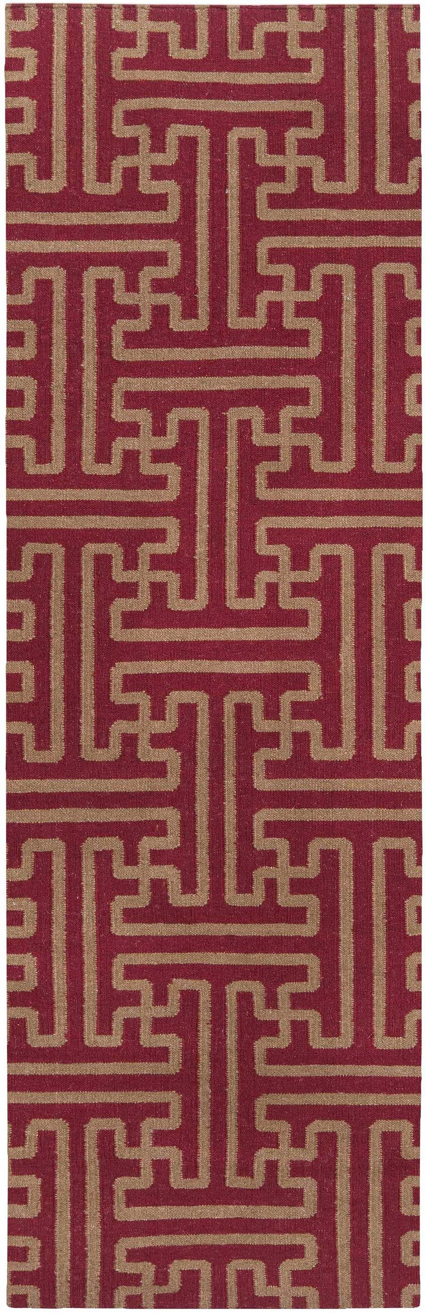 Close-up of the Bentonville Area Carpet. Brick red wool rug with tan geometric maze pattern. Hand woven texture. Design-Runner-268