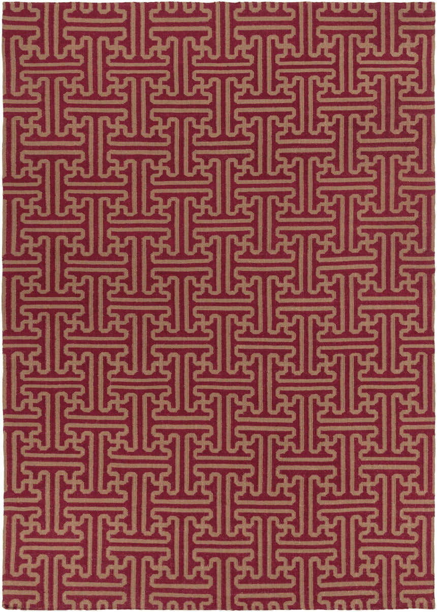 Close-up of the Bentonville Area Carpet. Hand-woven wool rug in brick red and tan with a geometric T-shaped pattern. Design-Rectangle-913